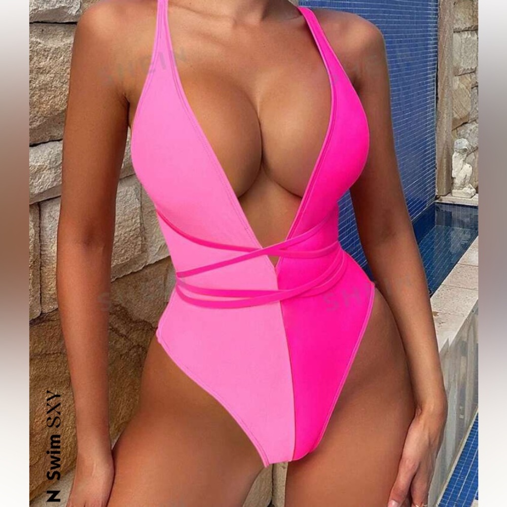 NEW SEXY 🔥 Colorbock Crisscross Plunge One Pierce Swimsuit PINK